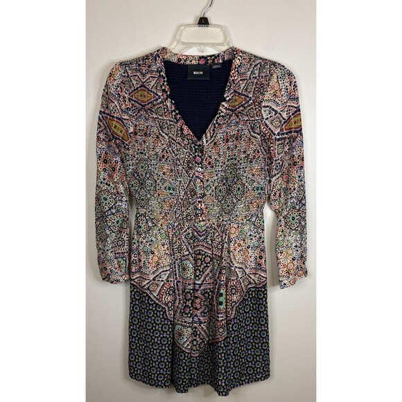 MAEVE Anthropologie Tiled Amethyst Mini Dress XS Petite Smocked Long Sleeve Boho - Picture 2 of 15